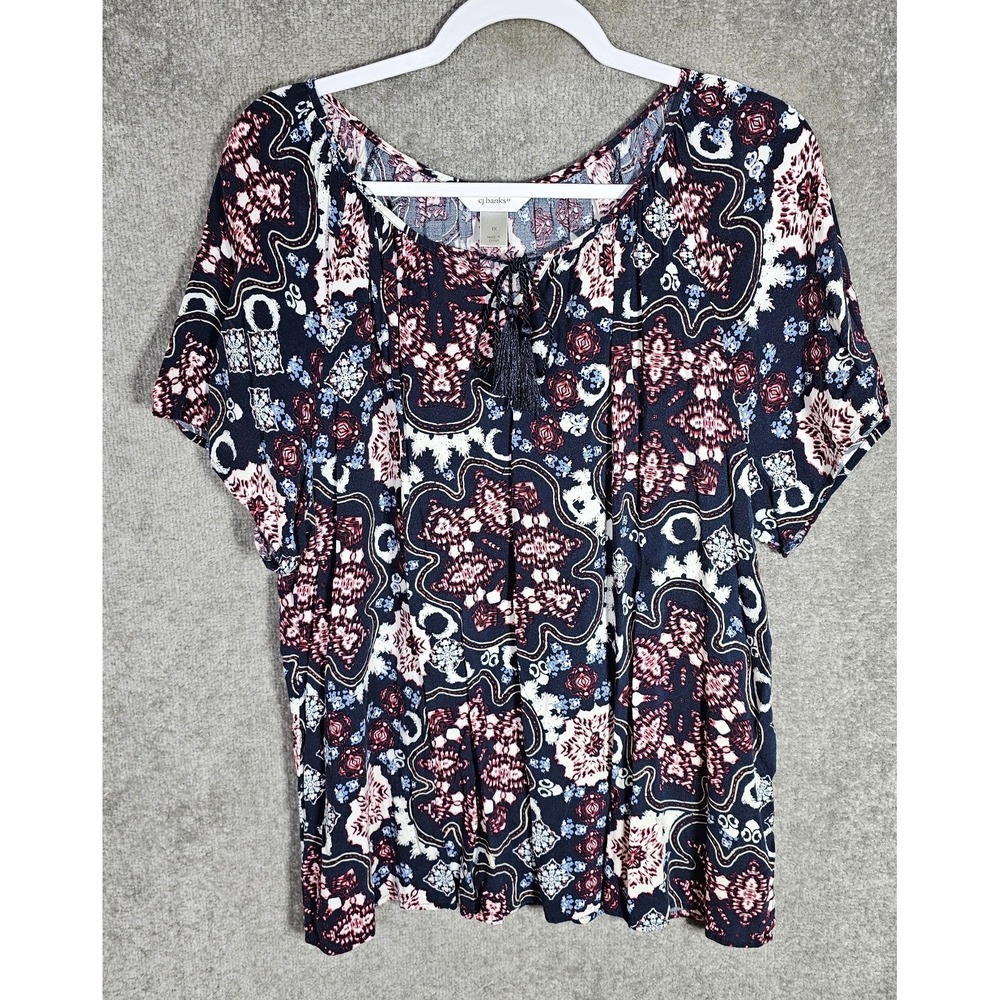CJ Banks Short Sleeve Scoop Neck‎ Keyhole Tassel Tie Top Womens Size 1X BOHO